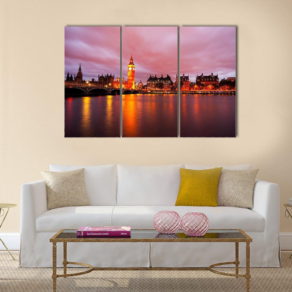 Big Ben & Houses At Night Canvas Wall Art-3 Horizontal-Gallery Wrap-37" x 24"-Tiaracle