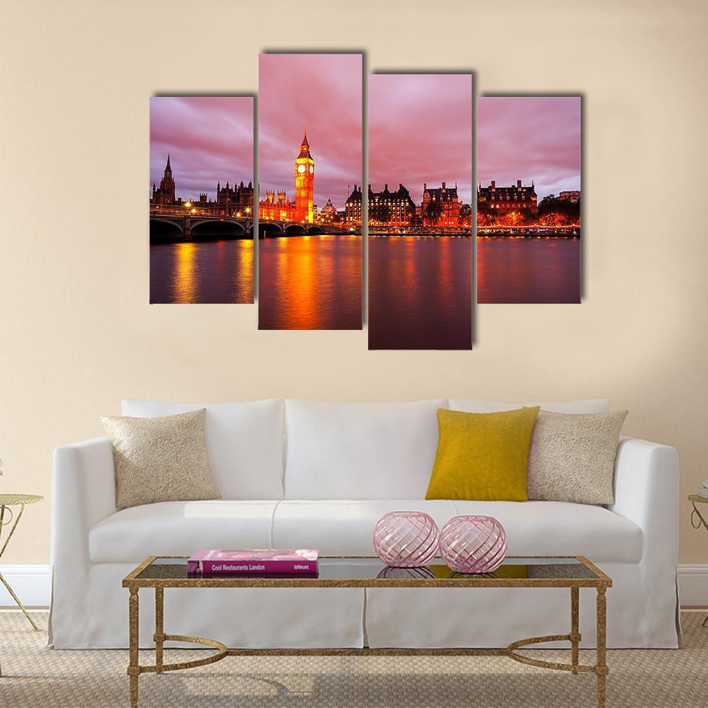 Big Ben & Houses At Night Canvas Wall Art-4 Pop-Gallery Wrap-50" x 32"-Tiaracle