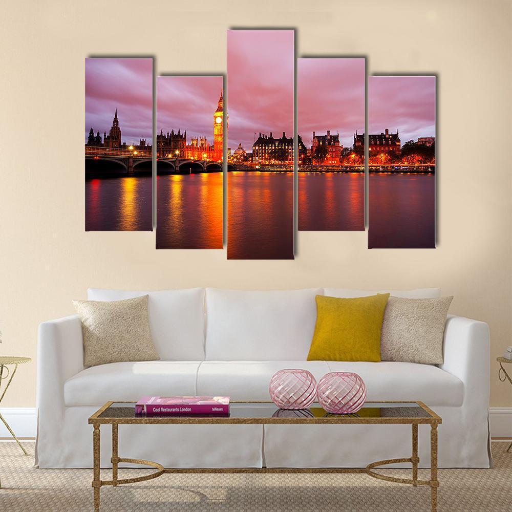 Big Ben & Houses At Night Canvas Wall Art-5 Pop-Gallery Wrap-47" x 32"-Tiaracle