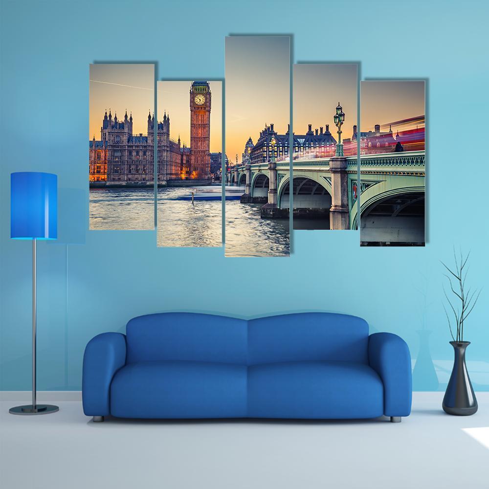 Big Ben & Houses Of Parliament Canvas Wall Art-5 Pop-Gallery Wrap-47" x 32"-Tiaracle