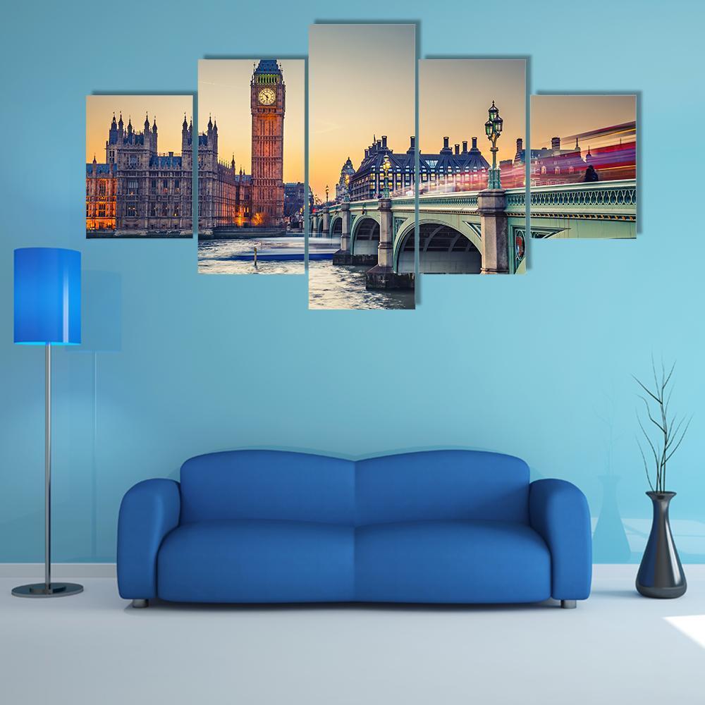 Big Ben & Houses Of Parliament Canvas Wall Art-5 Star-Gallery Wrap-62" x 32"-Tiaracle