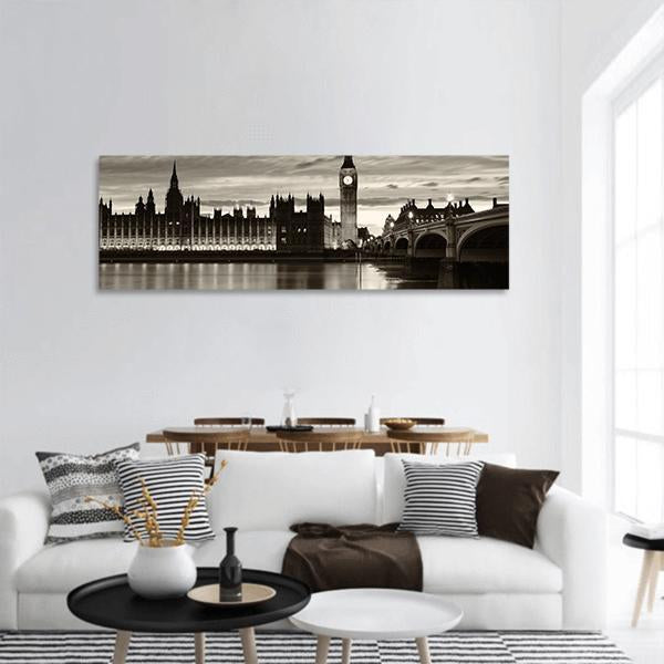 Monochrome Big Ben Panoramic Canvas Wall Art-1 Piece-36" x 12"-Tiaracle