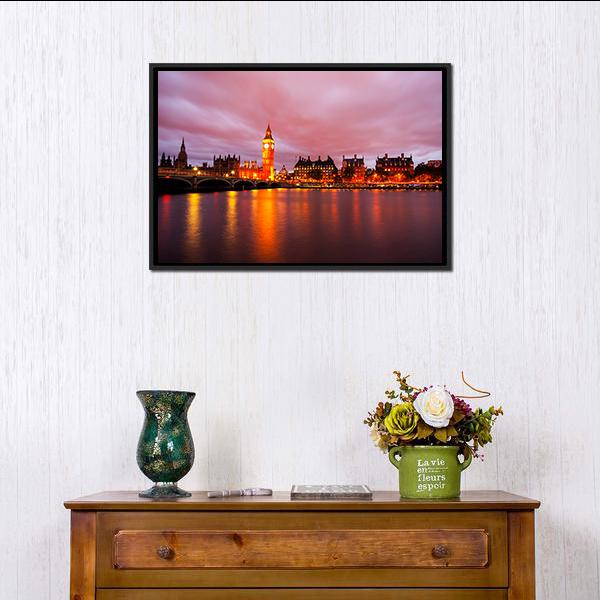 Big Ben & Houses At Night Panoramic Canvas Wall Art-1 Piece-36" x 12"-Tiaracle