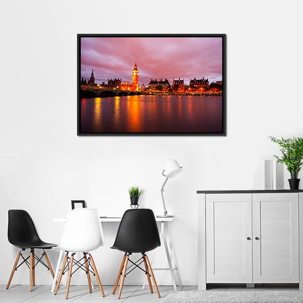 Big Ben & Houses At Night Panoramic Canvas Wall Art-1 Piece-36" x 12"-Tiaracle