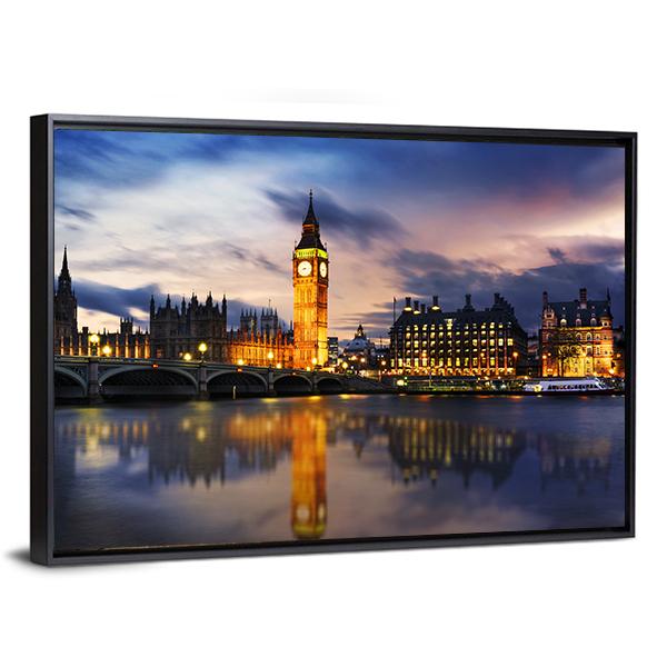 Big Ben & Houses UK Canvas Wall Art-5 Horizontal-Gallery Wrap-22" x 12"-Tiaracle