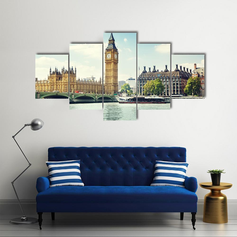 Big Ben In Sunny Day Canvas Wall Art-5 Star-Gallery Wrap-62" x 32"-Tiaracle