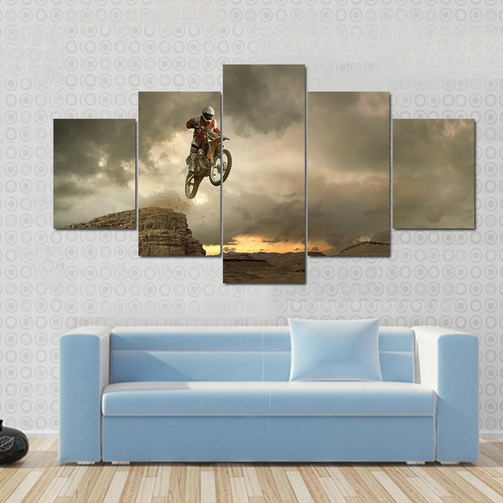 Biker Doing Stunt Canvas Wall Art-5 Star-Gallery Wrap-62" x 32"-Tiaracle