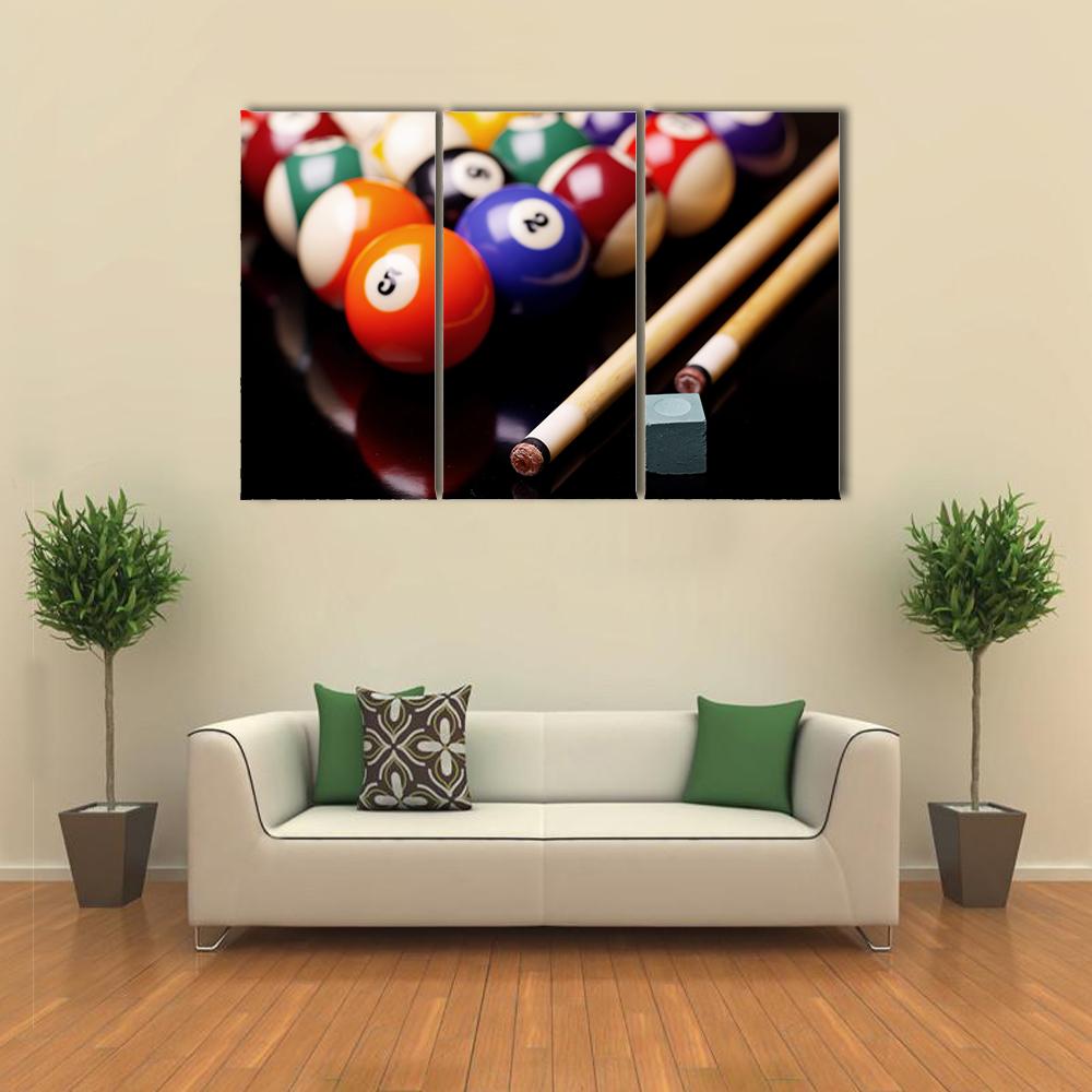Billiard Balls With Cues Canvas Wall Art-3 Horizontal-Gallery Wrap-25" x 16"-Tiaracle