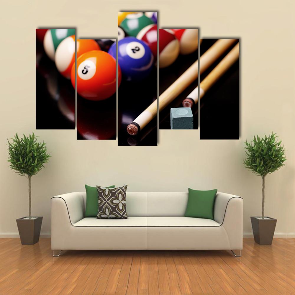 Billiard Balls With Cues Canvas Wall Art-5 Pop-Gallery Wrap-32" x 21"-Tiaracle