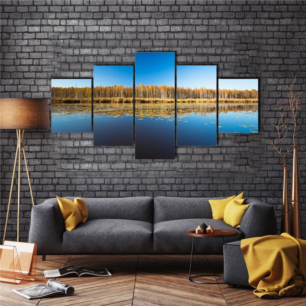 Birch Forest & Lake Canvas Wall Art-5 Star-Gallery Wrap-62" x 32"-Tiaracle