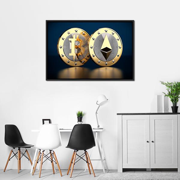 Bitcoin & Ethereum Panoramic Canvas Wall Art-1 Piece-36" x 12"-Tiaracle