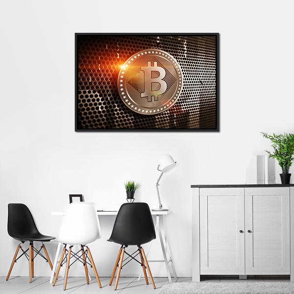 Bitcoin On Perforated Sheet Panoramic Canvas Wall Art-1 Piece-36" x 12"-Tiaracle