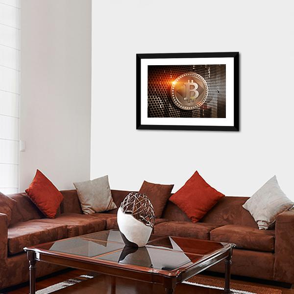 Bitcoin On Perforated Sheet Panoramic Canvas Wall Art-1 Piece-36" x 12"-Tiaracle