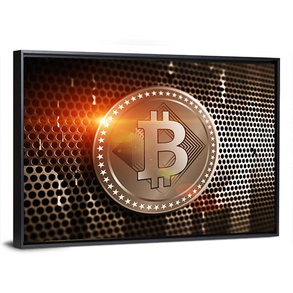 Bitcoin On Perforated Sheet Panoramic Canvas Wall Art-1 Piece-36" x 12"-Tiaracle