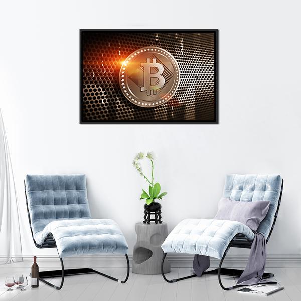 Bitcoin On Perforated Sheet Panoramic Canvas Wall Art-1 Piece-36" x 12"-Tiaracle