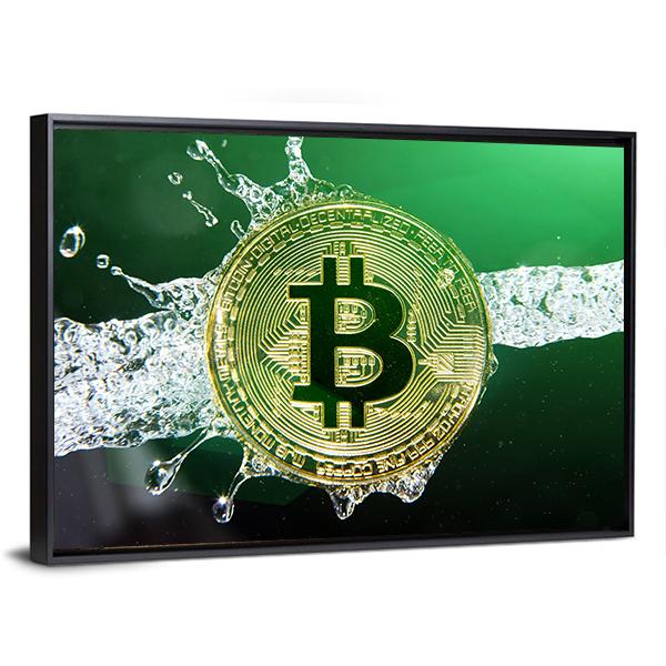 Bitcoin & Water Splash Canvas Wall Art-3 Horizontal-Gallery Wrap-25" x 16"-Tiaracle