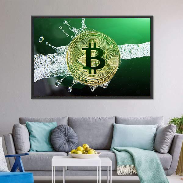 Bitcoin & Water Splash Canvas Wall Art-3 Horizontal-Gallery Wrap-25" x 16"-Tiaracle