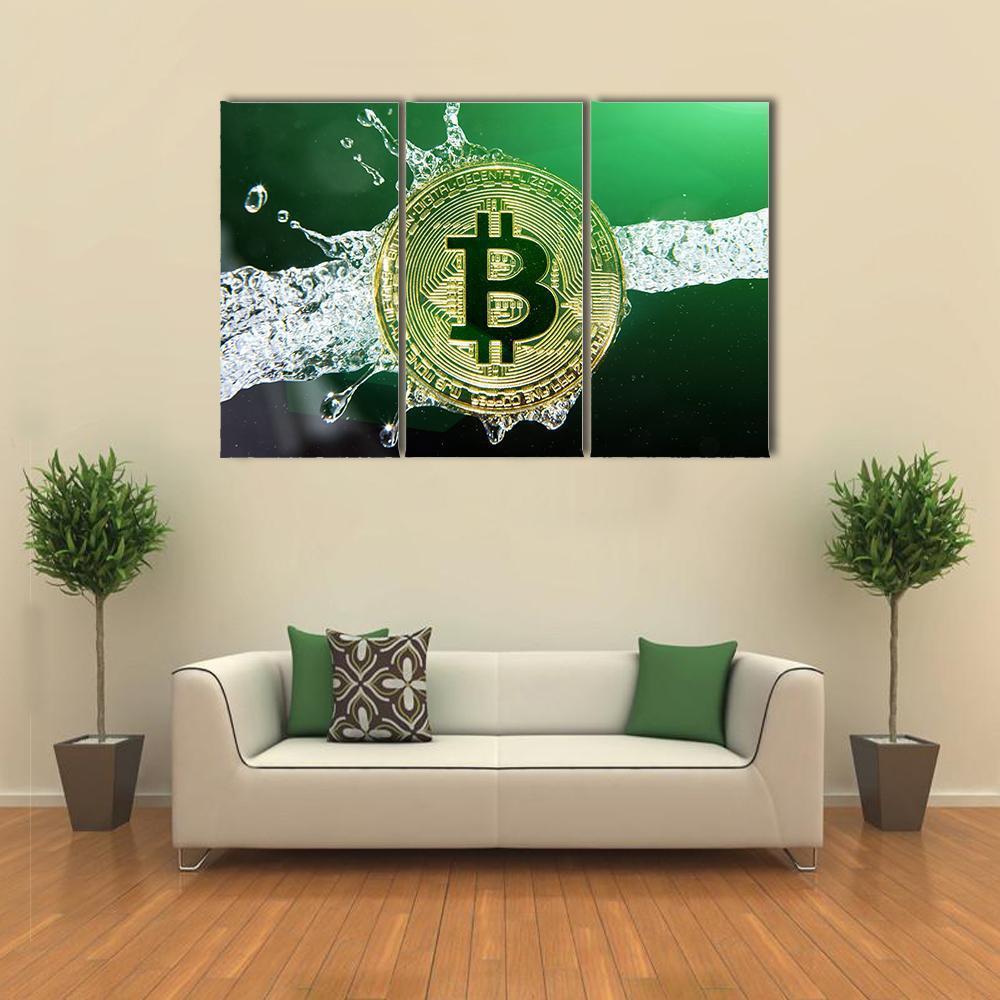 Bitcoin & Water Splash Canvas Wall Art-3 Horizontal-Gallery Wrap-37" x 24"-Tiaracle