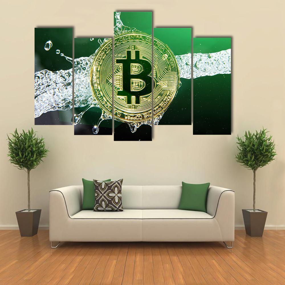 Bitcoin & Water Splash Canvas Wall Art-5 Pop-Gallery Wrap-47" x 32"-Tiaracle
