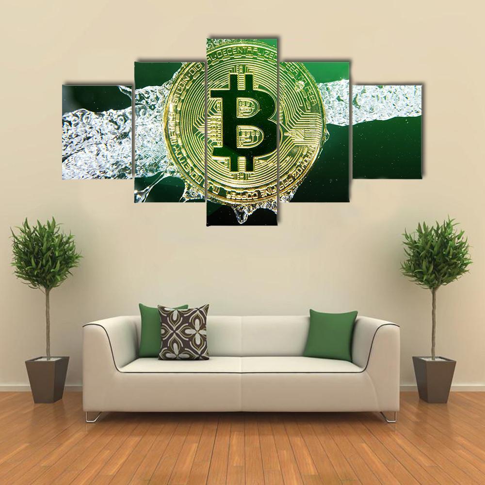 Bitcoin & Water Splash Canvas Wall Art-5 Star-Gallery Wrap-62" x 32"-Tiaracle