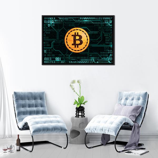 Bitcoin With Binary Code Canvas Wall Art-3 Horizontal-Gallery Wrap-25" x 16"-Tiaracle