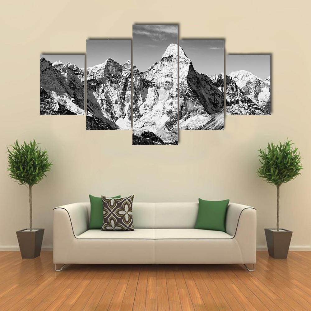 Black & White Ama Dablam Canvas Wall Art-5 Star-Gallery Wrap-62" x 32"-Tiaracle