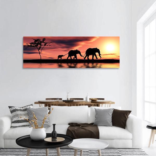 Elephant Family Silhouette Panoramic Canvas Wall Art-1 Piece-36" x 12"-Tiaracle
