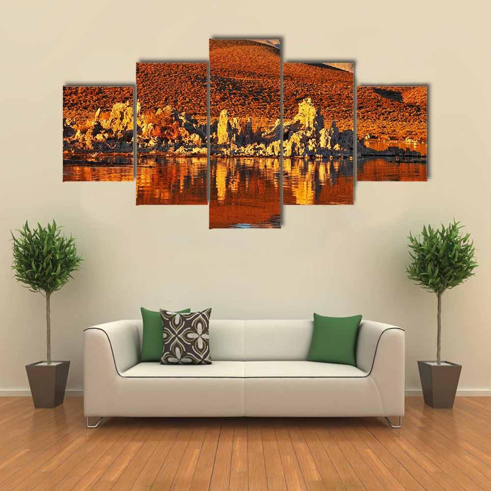 Orange Sunset At Mono Lake Canvas Wall Art-5 Star-Gallery Wrap-42" x 21"-Tiaracle