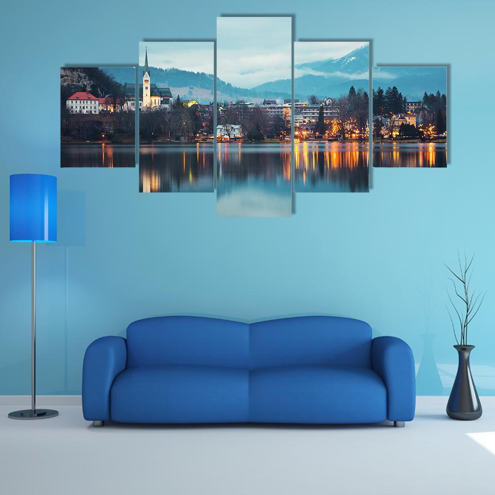 Bled Lake At Dusk Canvas Wall Art-5 Star-Gallery Wrap-62" x 32"-Tiaracle