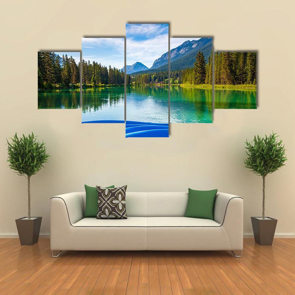 Blue Canoes On Bow River Canvas Wall Art-5 Star-Gallery Wrap-62" x 32"-Tiaracle