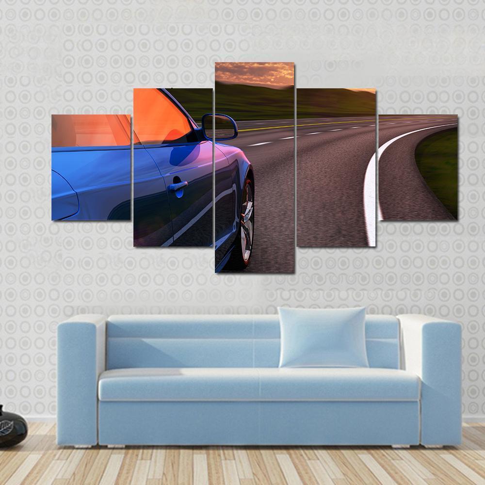 Blue Car In Sunset Canvas Wall Art-5 Star-Gallery Wrap-62" x 32"-Tiaracle