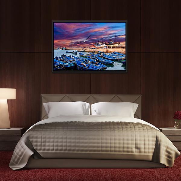 Blue Fishing Boats Morocco Canvas Wall Art-3 Horizontal-Gallery Wrap-25" x 16"-Tiaracle