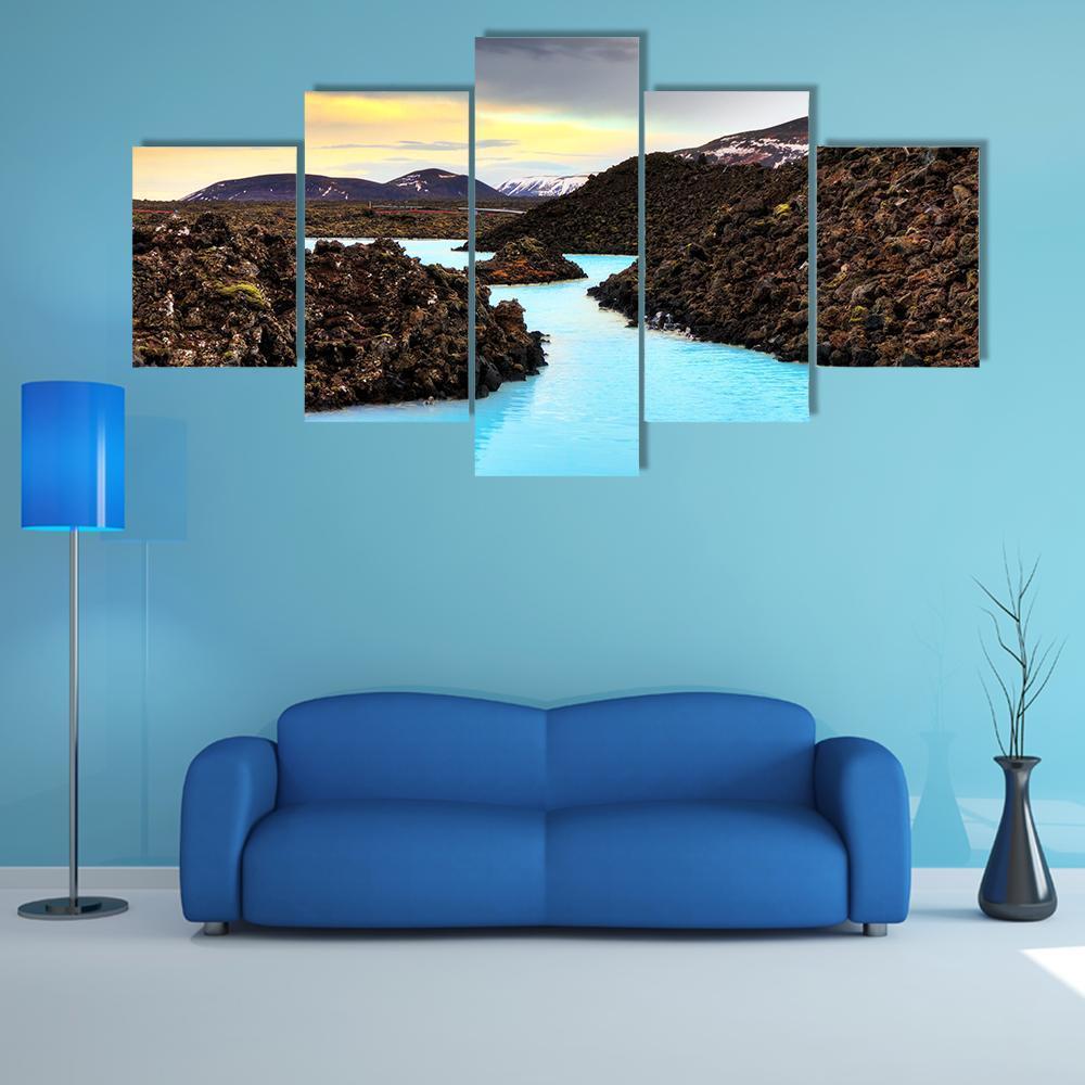 Blue Lagoon Waters In Lava Field Canvas Wall Art-5 Star-Gallery Wrap-62" x 32"-Tiaracle