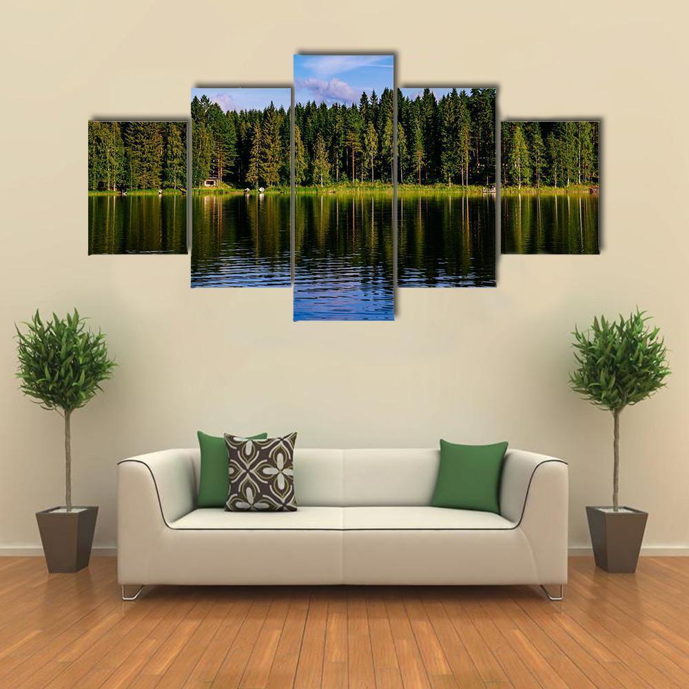 Blue Lake & House Canvas Wall Art-5 Star-Gallery Wrap-62" x 32"-Tiaracle