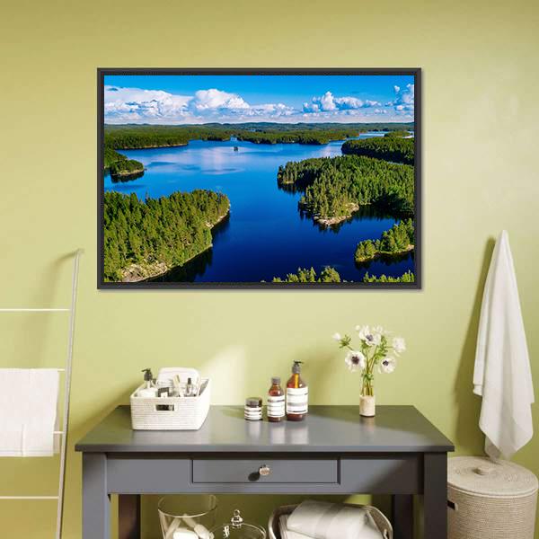 Blue Lake In Green Forest Canvas Wall Art-3 Horizontal-Gallery Wrap-25" x 16"-Tiaracle