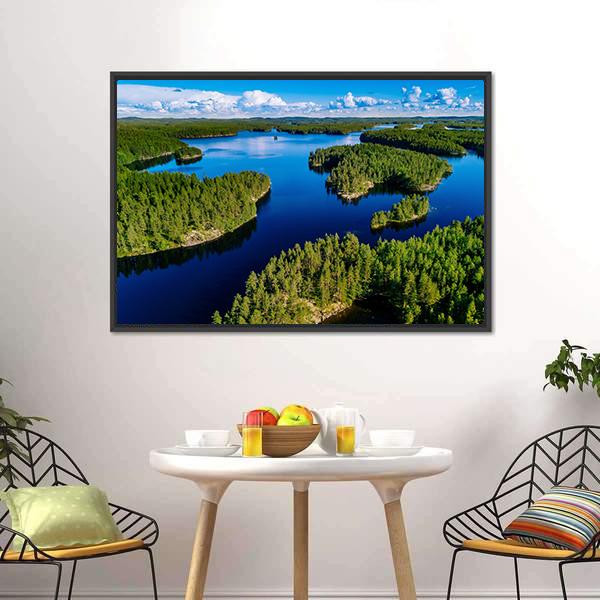 Blue Lake In Green Forest Canvas Wall Art-3 Horizontal-Gallery Wrap-25" x 16"-Tiaracle