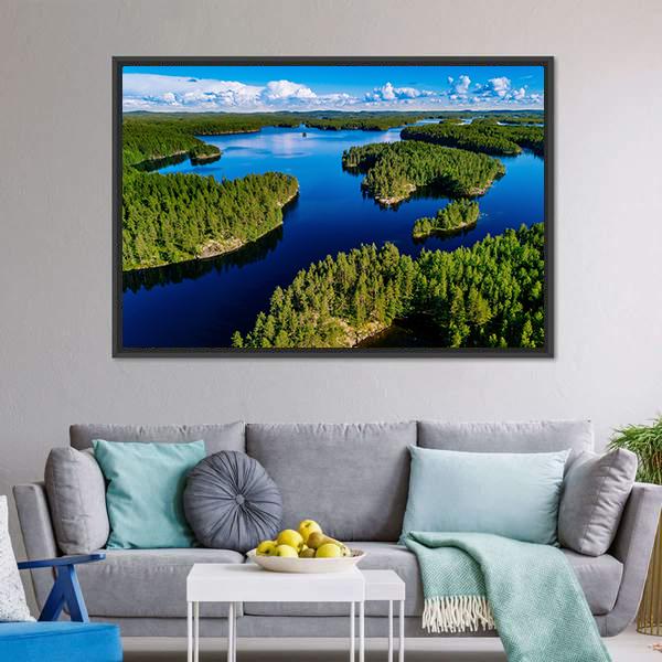 Blue Lake In Green Forest Canvas Wall Art-1 Piece-Floating Frame-24" x 16"-Tiaracle
