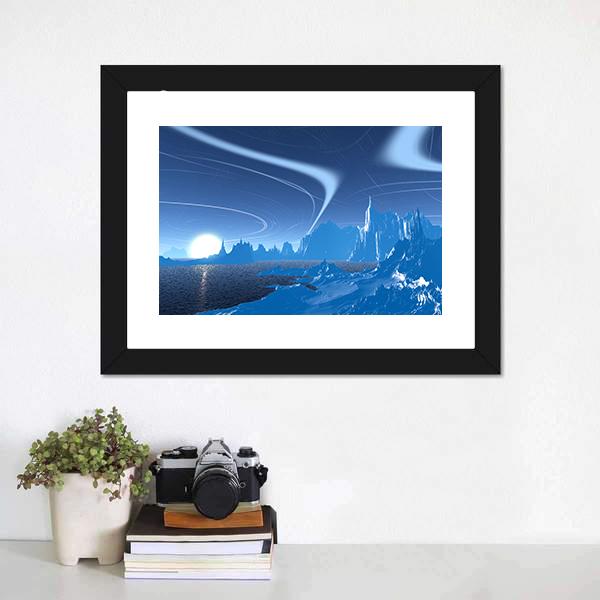 Blue Lake On Alien Planet Canvas Wall Art-1 Piece-Framed Print-20" x 16"-Tiaracle