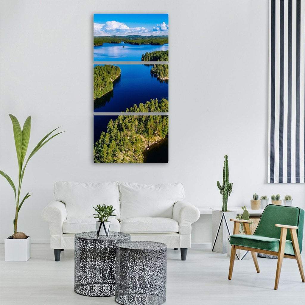 Blue Lake In Green Forest Vertical Canvas Wall Art-3 Vertical-Gallery Wrap-12" x 25"-Tiaracle