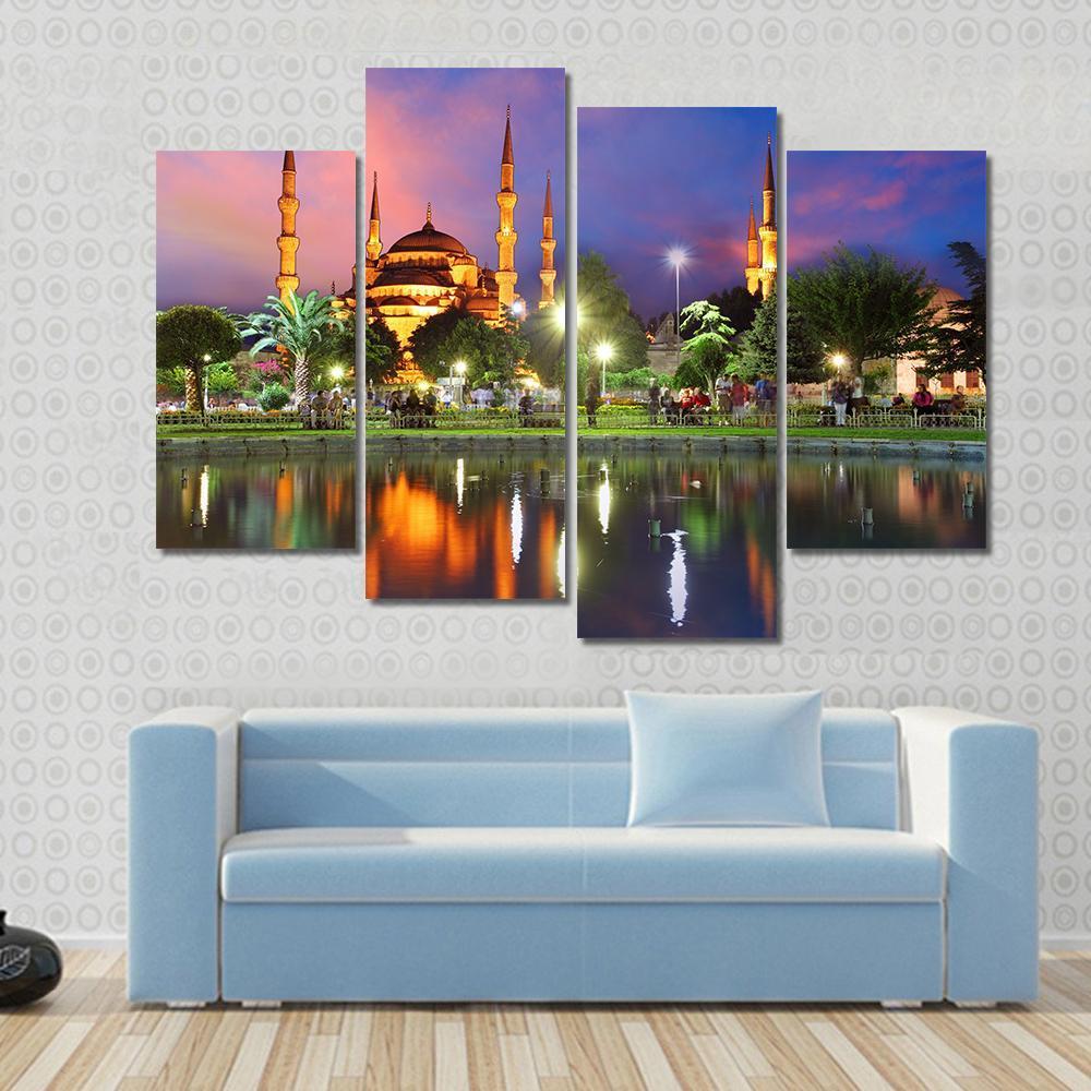 Blue Mosque At Night Canvas Wall Art-4 Pop-Gallery Wrap-50" x 32"-Tiaracle