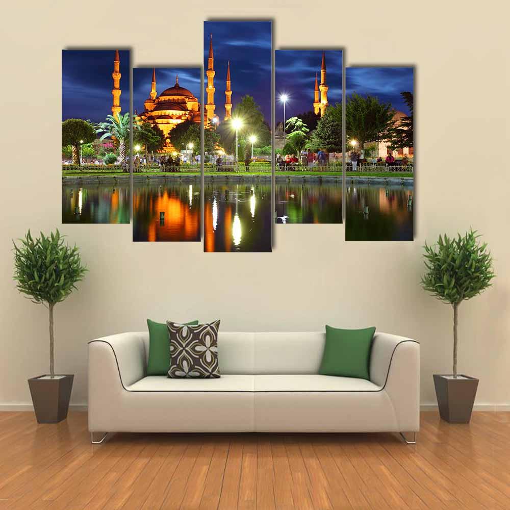 Blue Mosque At Night Canvas Wall Art-5 Pop-Gallery Wrap-32" x 21"-Tiaracle