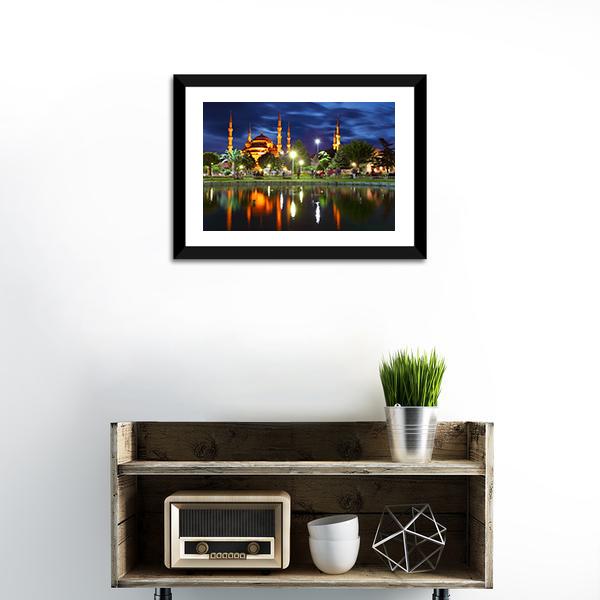 Blue Mosque At Night Canvas Wall Art-1 Piece-Framed Print-20" x 16"-Tiaracle