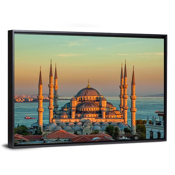 Blue Mosque At Sunset Canvas Wall Art-3 Horizontal-Gallery Wrap-25" x 16"-Tiaracle