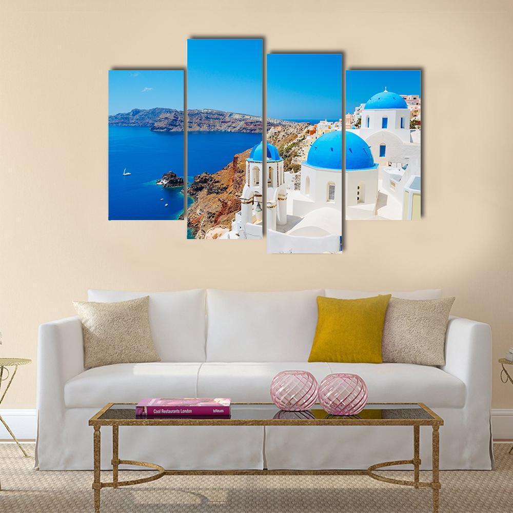 Blue Ocean & Dome Santorini Canvas Wall Art-4 Pop-Gallery Wrap-50" x 32"-Tiaracle