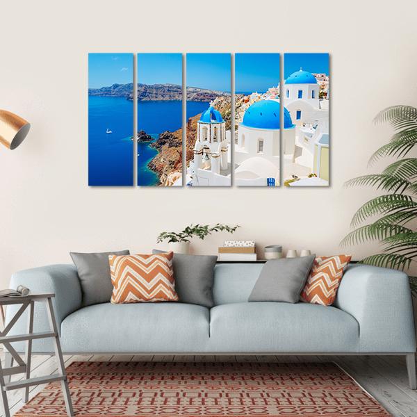 Blue Ocean & Dome Santorini Canvas Wall Art-5 Horizontal-Gallery Wrap-22" x 12"-Tiaracle