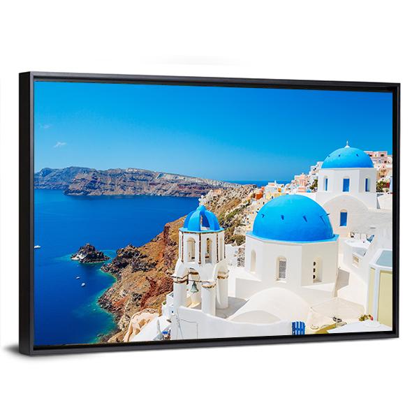 Blue Ocean & Dome Santorini Canvas Wall Art-3 Horizontal-Gallery Wrap-25" x 16"-Tiaracle