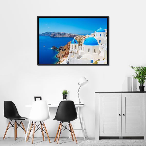 Blue Ocean & Dome Santorini Canvas Wall Art-3 Horizontal-Gallery Wrap-25" x 16"-Tiaracle