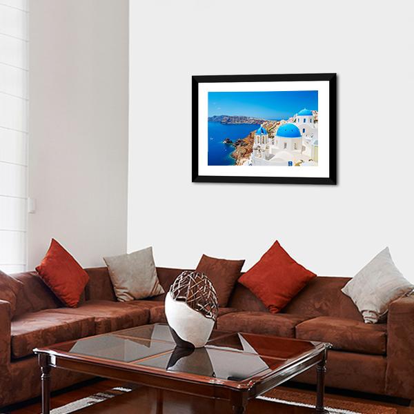 Blue Ocean & Dome Santorini Canvas Wall Art-3 Horizontal-Gallery Wrap-25" x 16"-Tiaracle