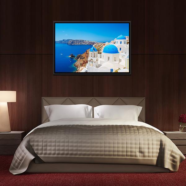 Blue Ocean & Dome Santorini Canvas Wall Art-5 Horizontal-Gallery Wrap-22" x 12"-Tiaracle