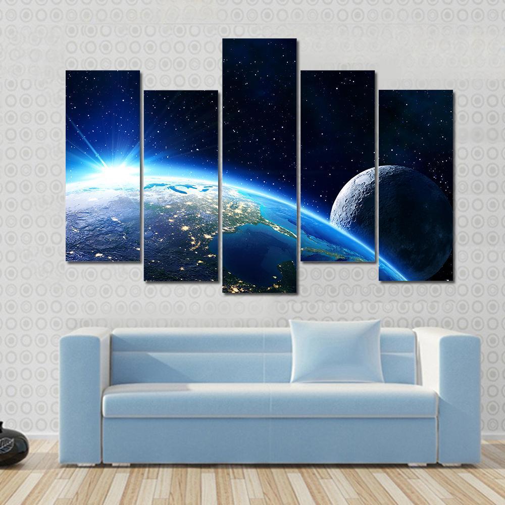 Blue Planet Earth & Moon Canvas Wall Art-5 Pop-Gallery Wrap-47" x 32"-Tiaracle